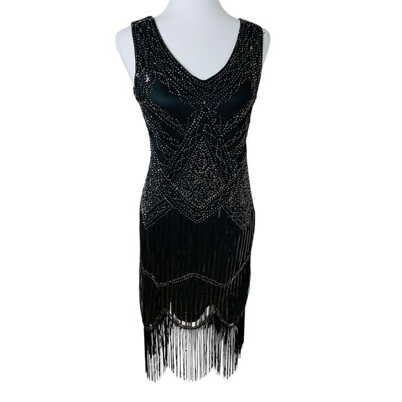 Vintage Dresses & Skirts - Vintage Size M Beaded Sequin Fringed Flapper Dress Black 20s Party